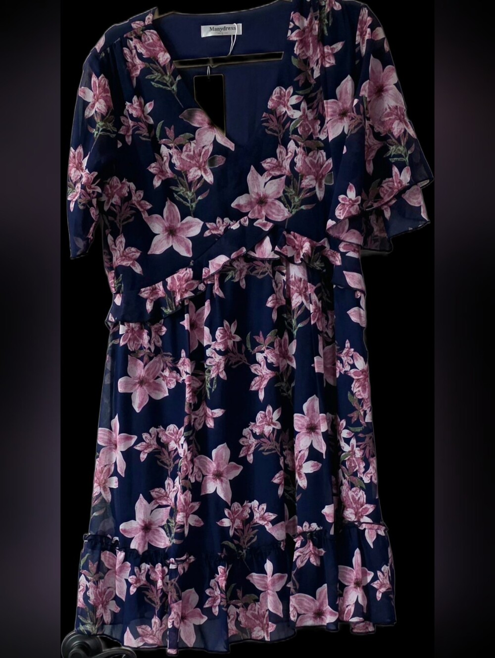 Chiffon Floral Boho Mini Summer Dress V Neck Ruffle - Navy & Pink